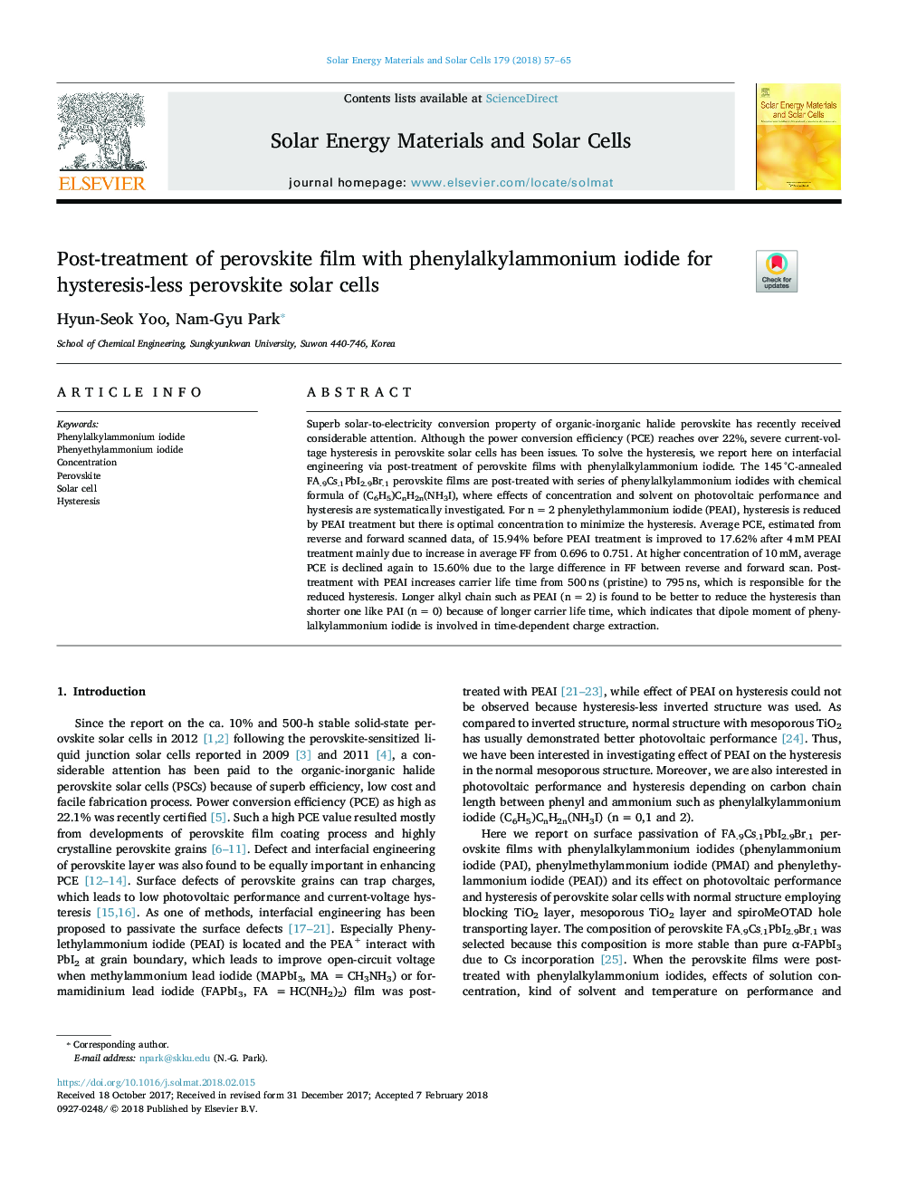 Post-treatment of perovskite film with phenylalkylammonium iodide for hysteresis-less perovskite solar cells