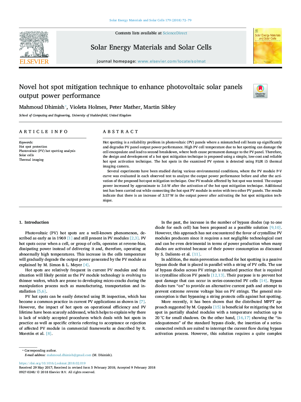 Novel hot spot mitigation technique to enhance photovoltaic solar panels output power performance