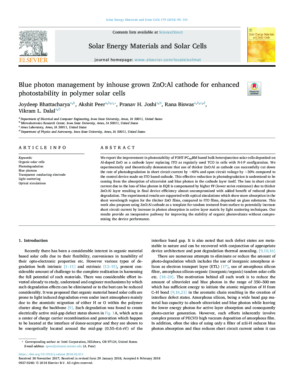 Blue photon management by inhouse grown ZnO:Al cathode for enhanced photostability in polymer solar cells