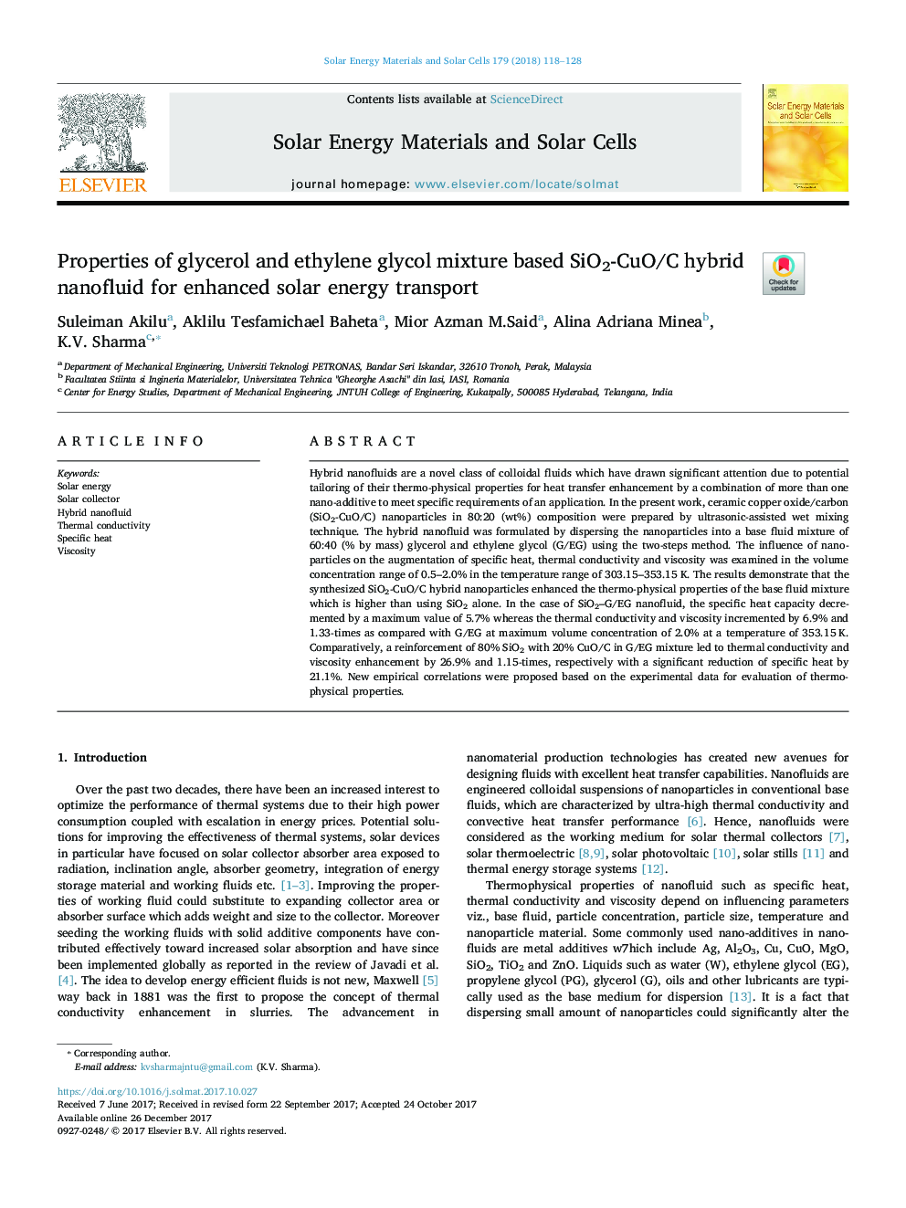 Properties of glycerol and ethylene glycol mixture based SiO2-CuO/C hybrid nanofluid for enhanced solar energy transport