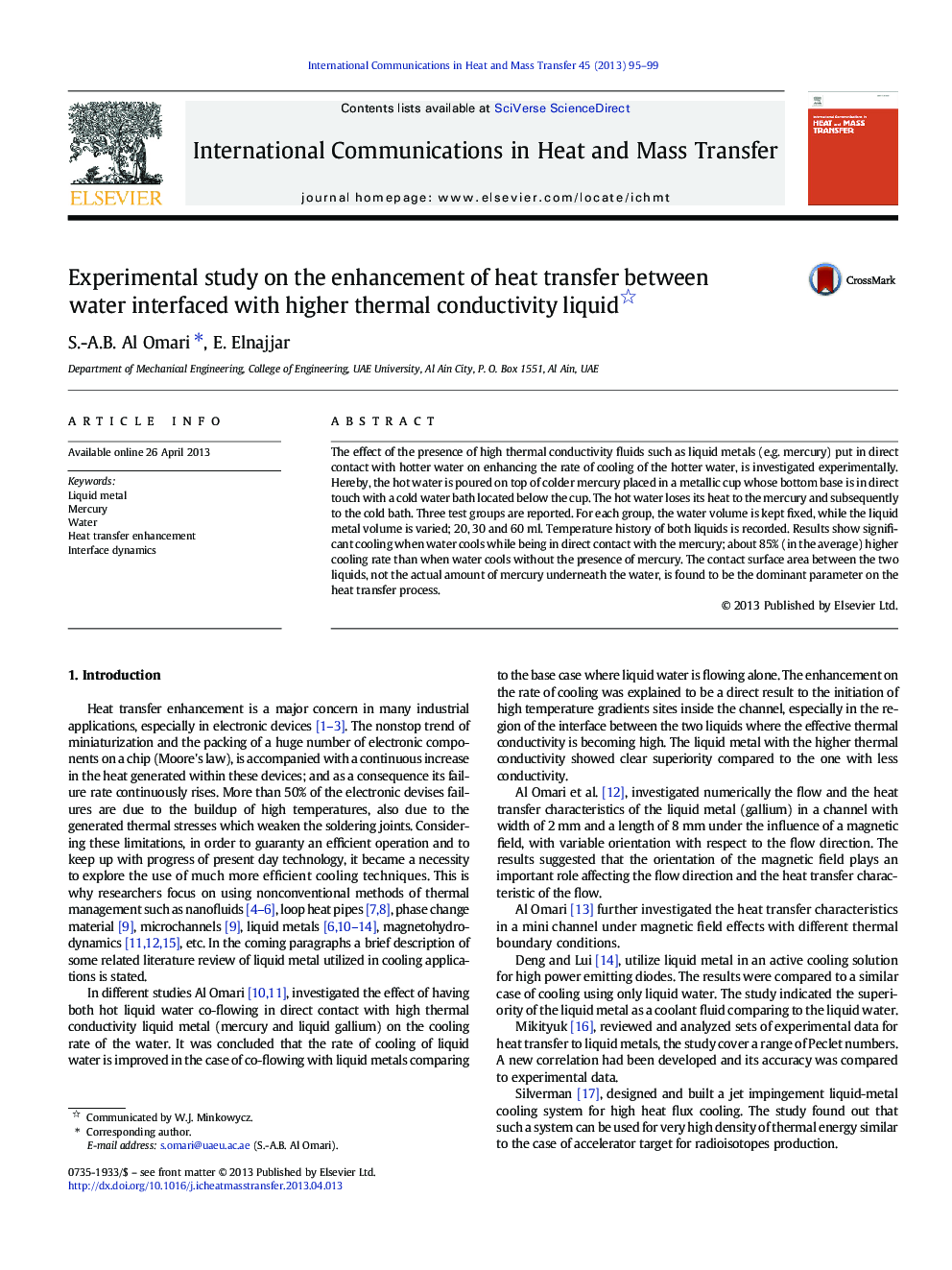 Experimental study on the enhancement of heat transfer between water interfaced with higher thermal conductivity liquid 