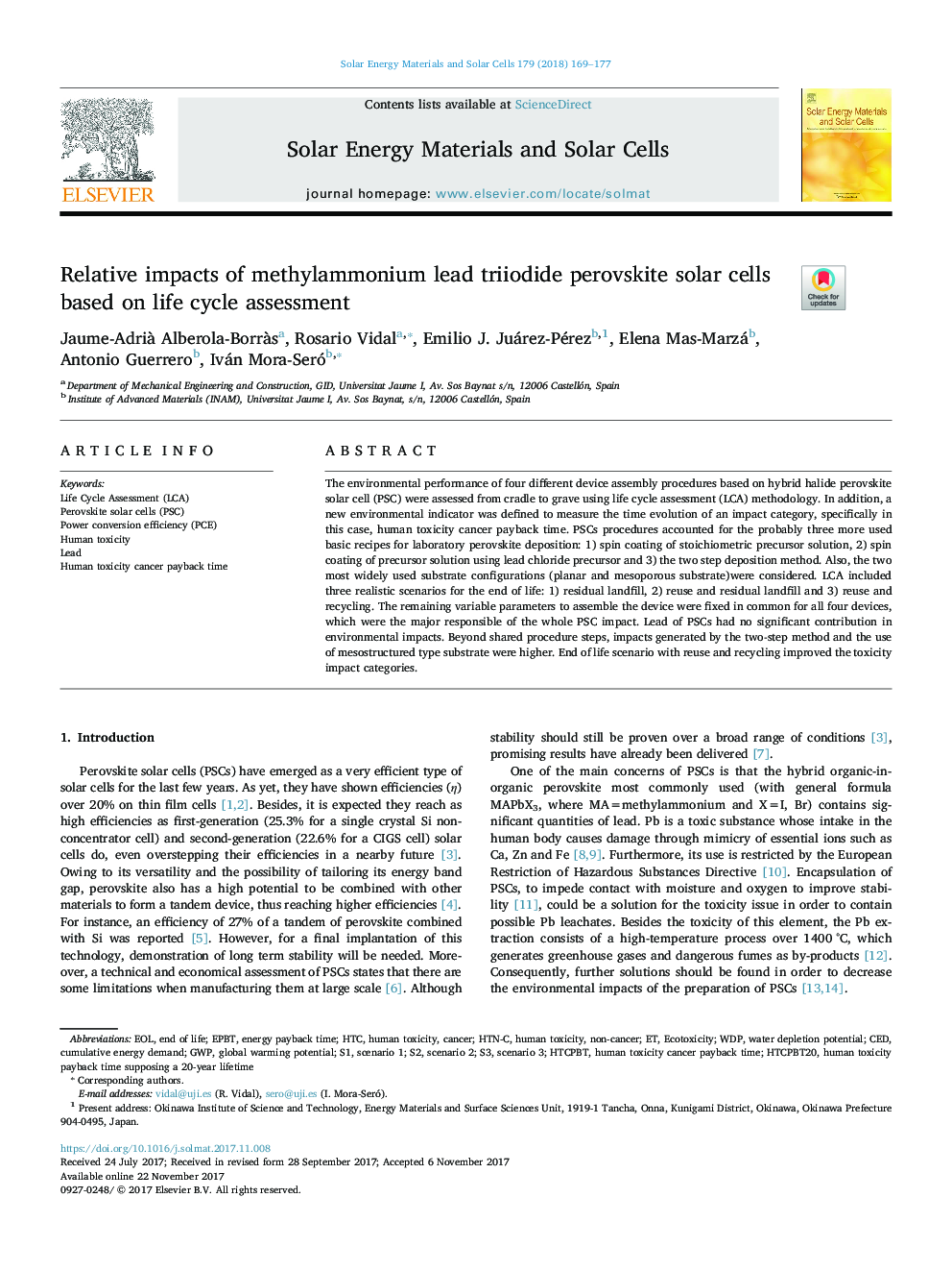 Relative impacts of methylammonium lead triiodide perovskite solar cells based on life cycle assessment