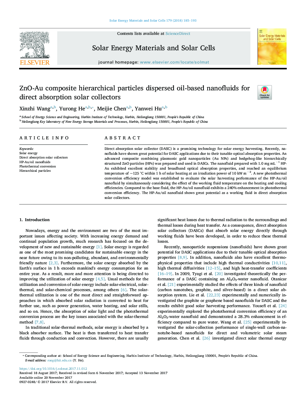 ZnO-Au composite hierarchical particles dispersed oil-based nanofluids for direct absorption solar collectors