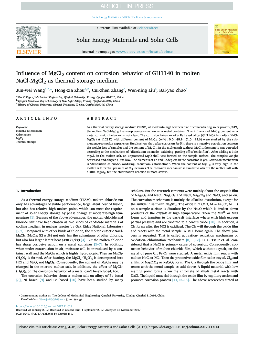 Influence of MgCl2 content on corrosion behavior of GH1140 in molten NaCl-MgCl2 as thermal storage medium