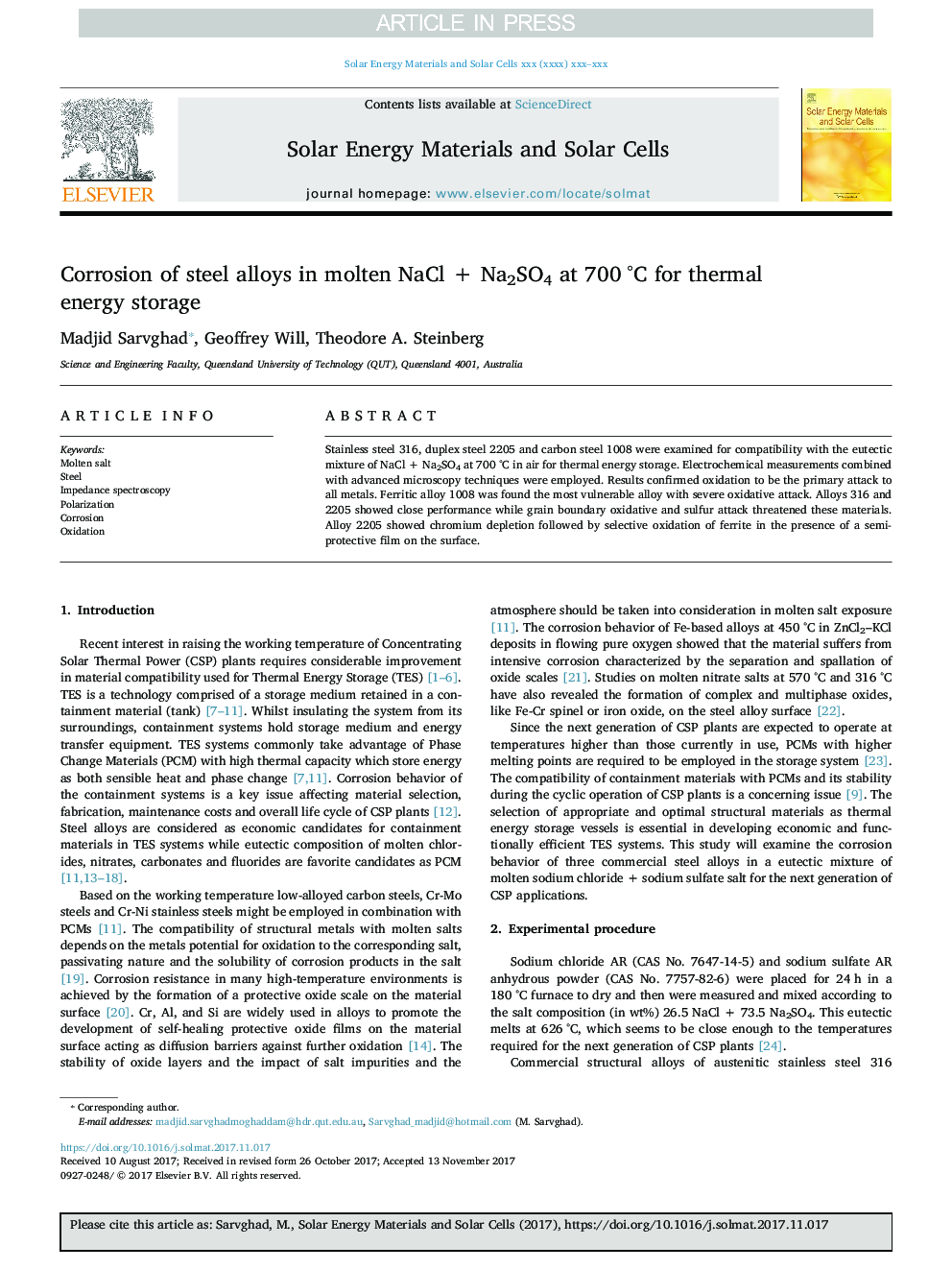 Corrosion of steel alloys in molten NaCl + Na2SO4 at 700Â Â°C for thermal energy storage