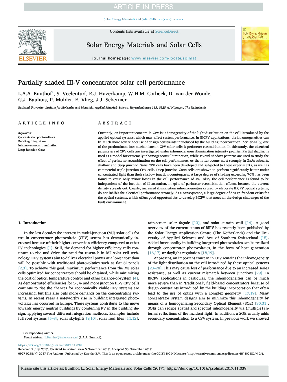 Partially shaded III-V concentrator solar cell performance