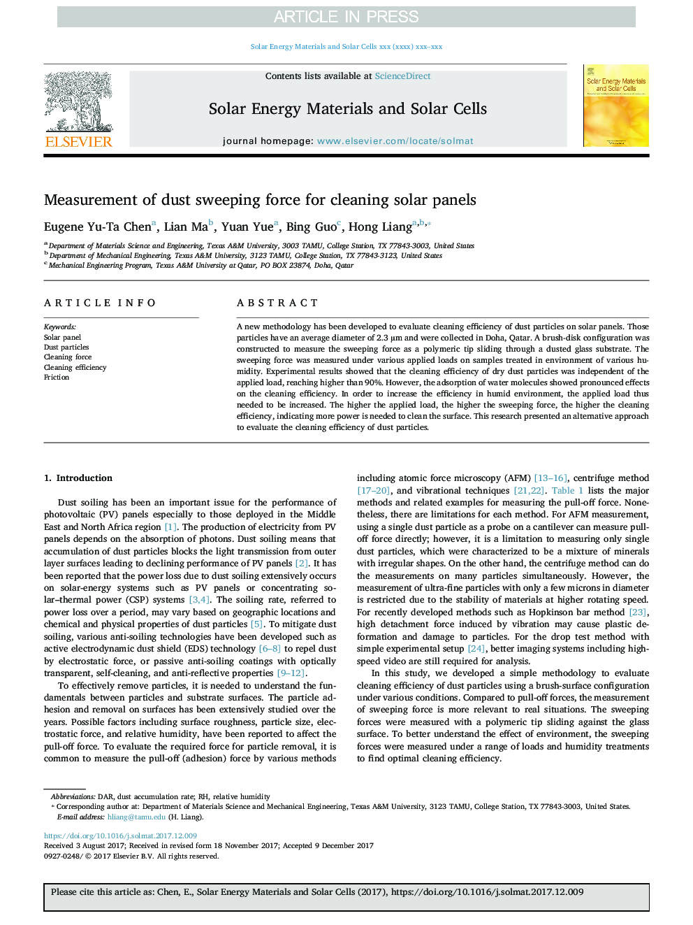 Measurement of dust sweeping force for cleaning solar panels