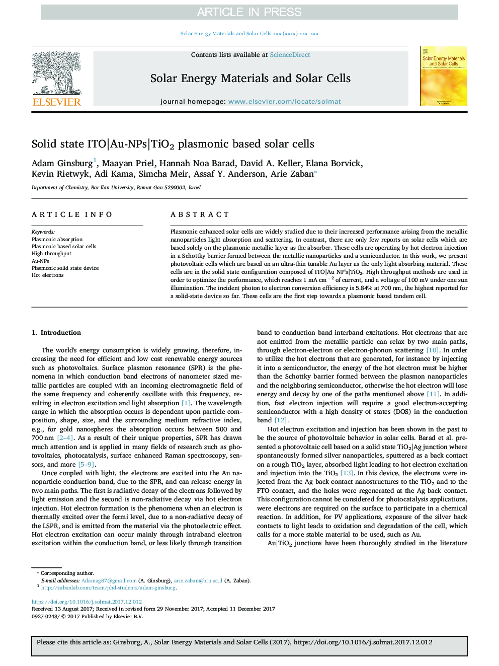 Solid state ITO|Au-NPs|TiO2 plasmonic based solar cells