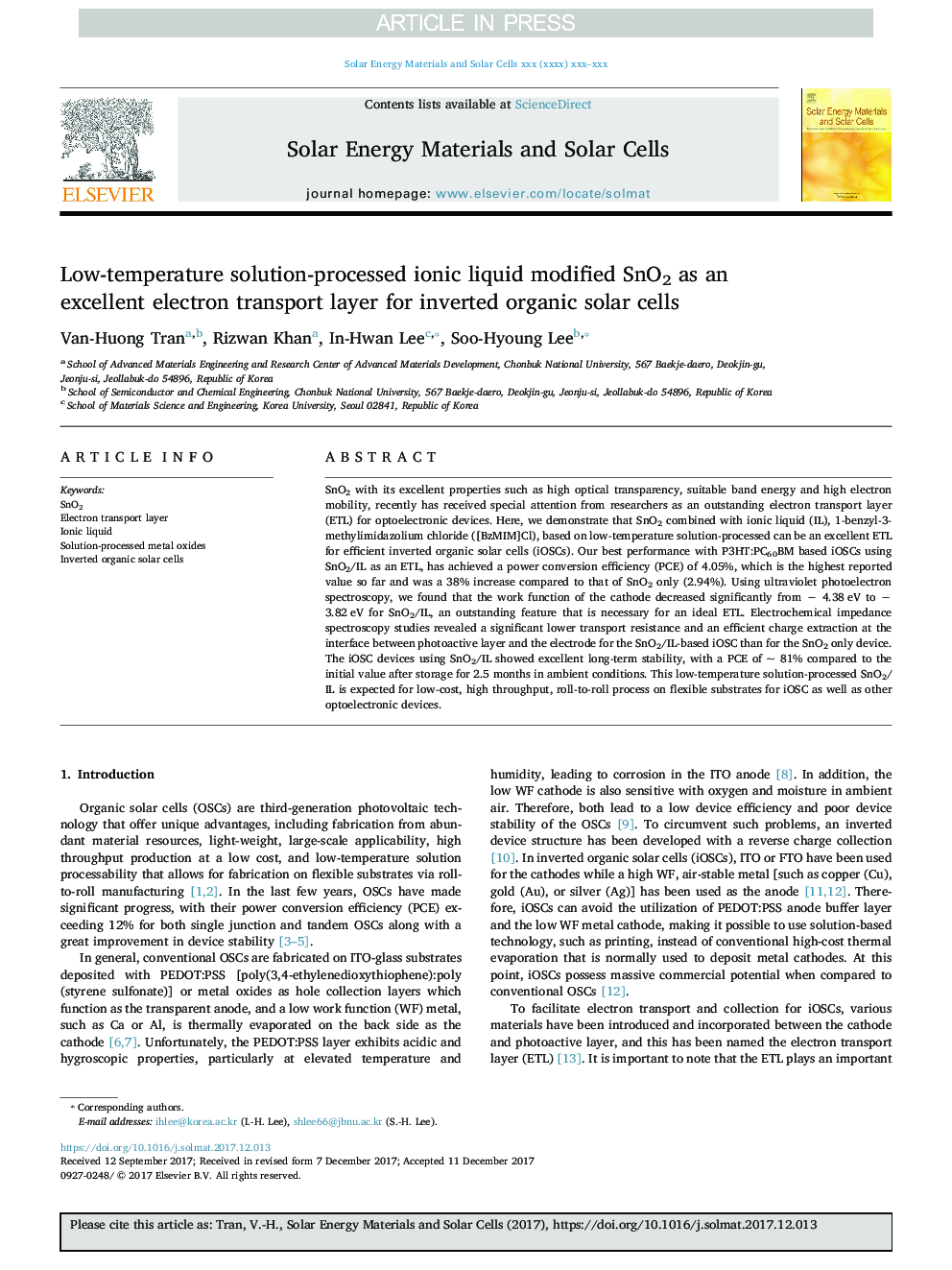 Low-temperature solution-processed ionic liquid modified SnO2 as an excellent electron transport layer for inverted organic solar cells