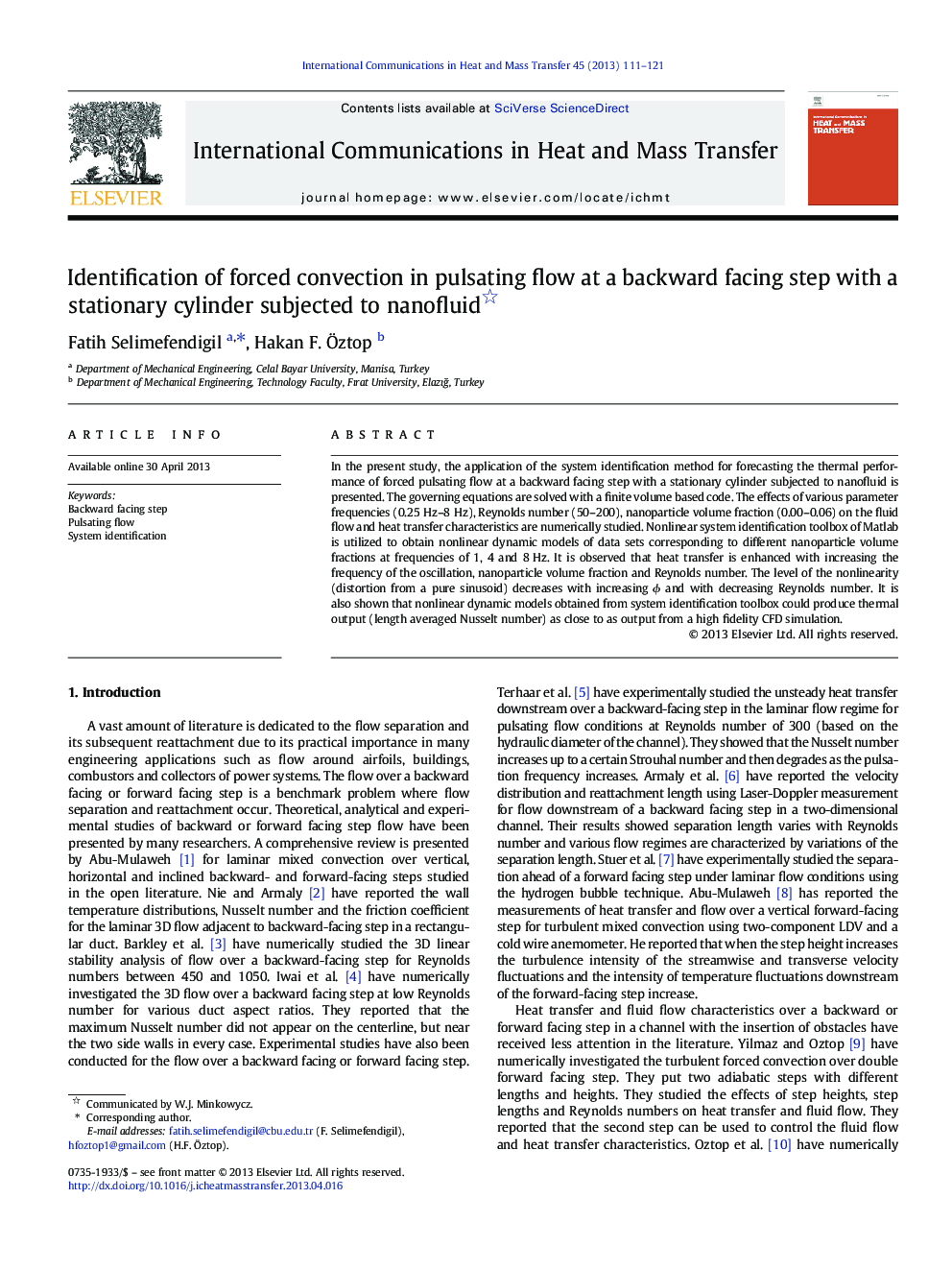 Identification of forced convection in pulsating flow at a backward facing step with a stationary cylinder subjected to nanofluid