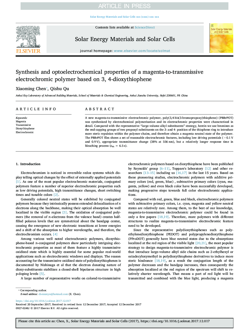 Synthesis and optoelectrochemical properties of a magenta-to-transmissive electrochromic polymer based on 3, 4-dioxythiophene