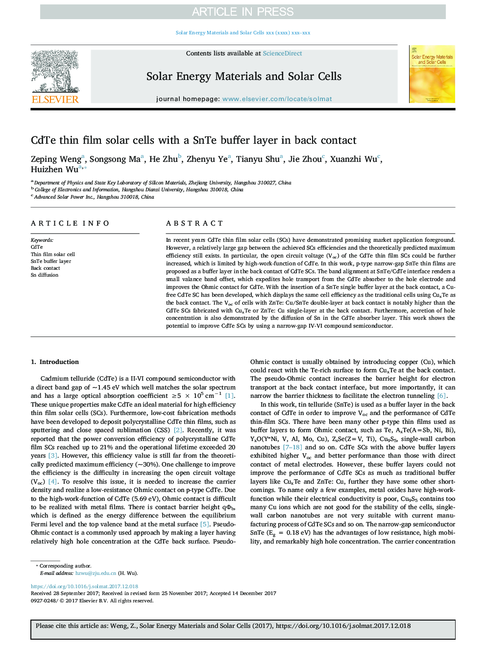 CdTe thin film solar cells with a SnTe buffer layer in back contact