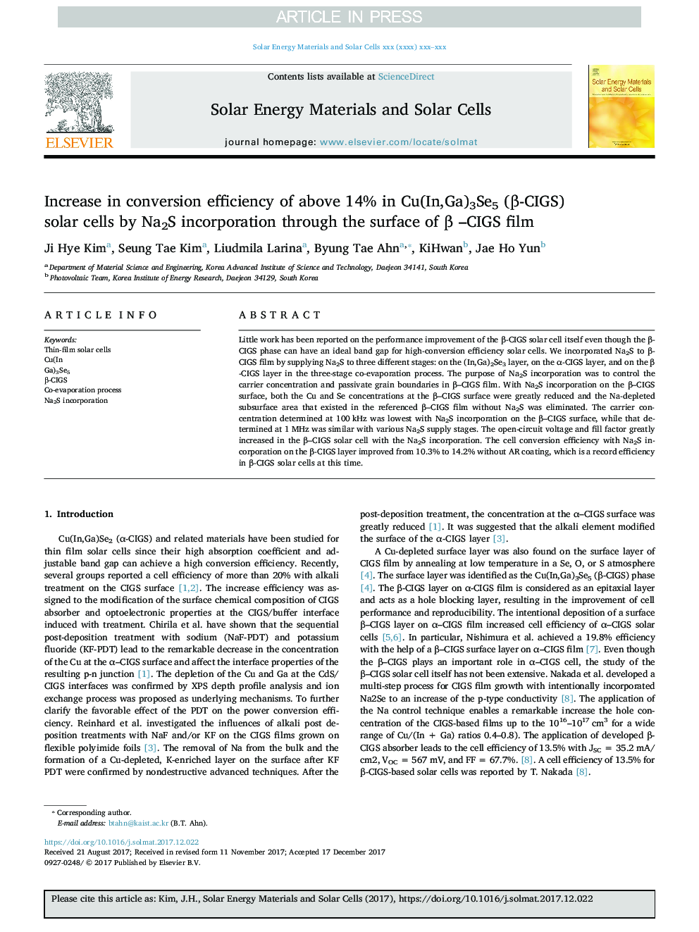 Increase in conversion efficiency of above 14% in Cu(In,Ga)3Se5 (Î²-CIGS) solar cells by Na2S incorporation through the surface of Î² -CIGS film