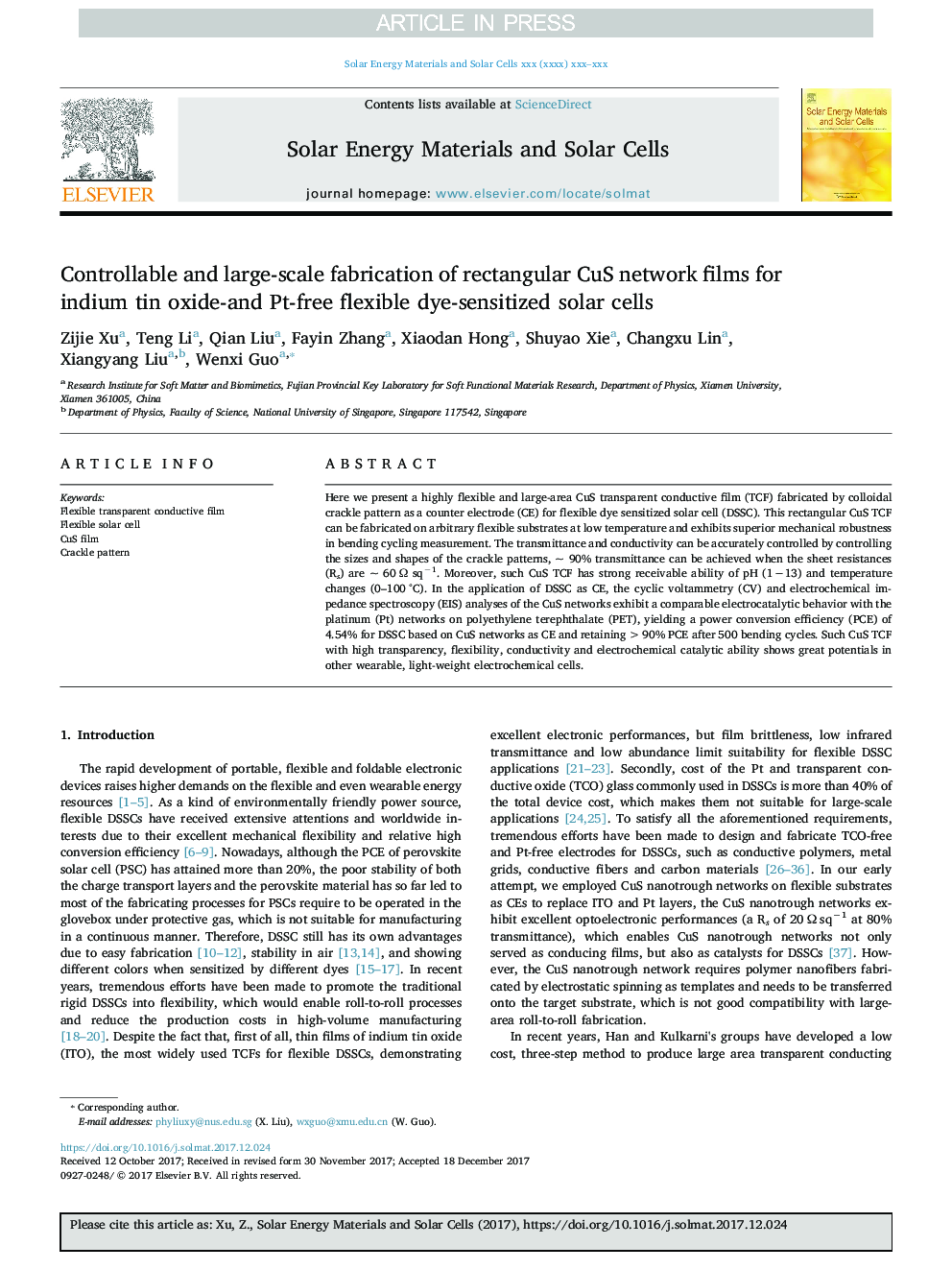 Controllable and large-scale fabrication of rectangular CuS network films for indium tin oxide-and Pt-free flexible dye-sensitized solar cells