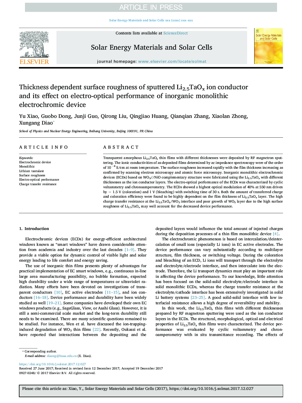 Thickness dependent surface roughness of sputtered Li2.5TaOx ion conductor and its effect on electro-optical performance of inorganic monolithic electrochromic device