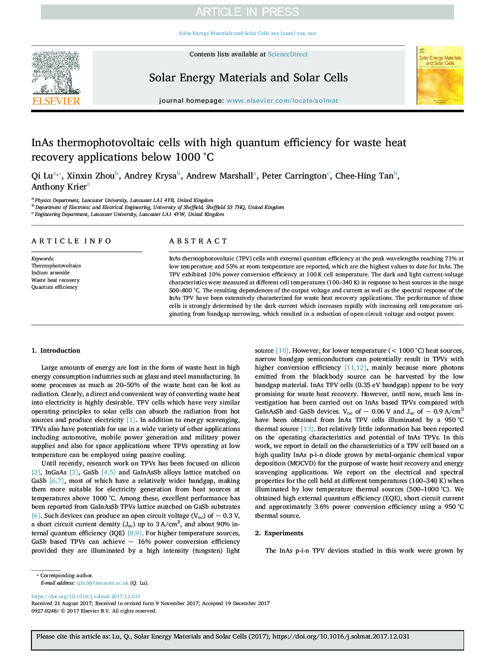 InAs thermophotovoltaic cells with high quantum efficiency for waste heat recovery applications below 1000Â Â°C