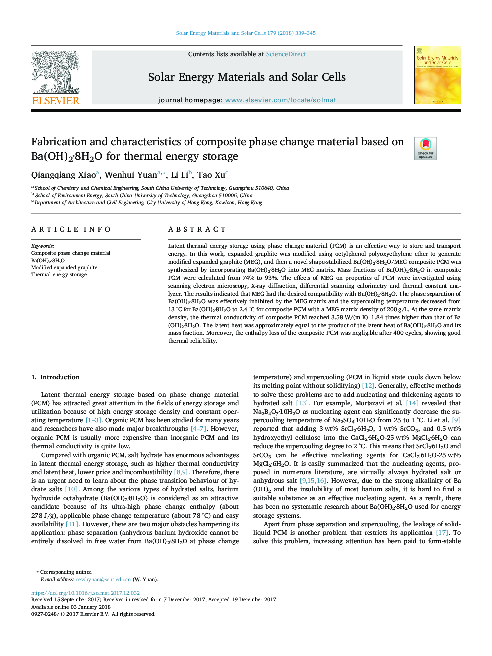 Fabrication and characteristics of composite phase change material based on Ba(OH)2Â·8H2O for thermal energy storage