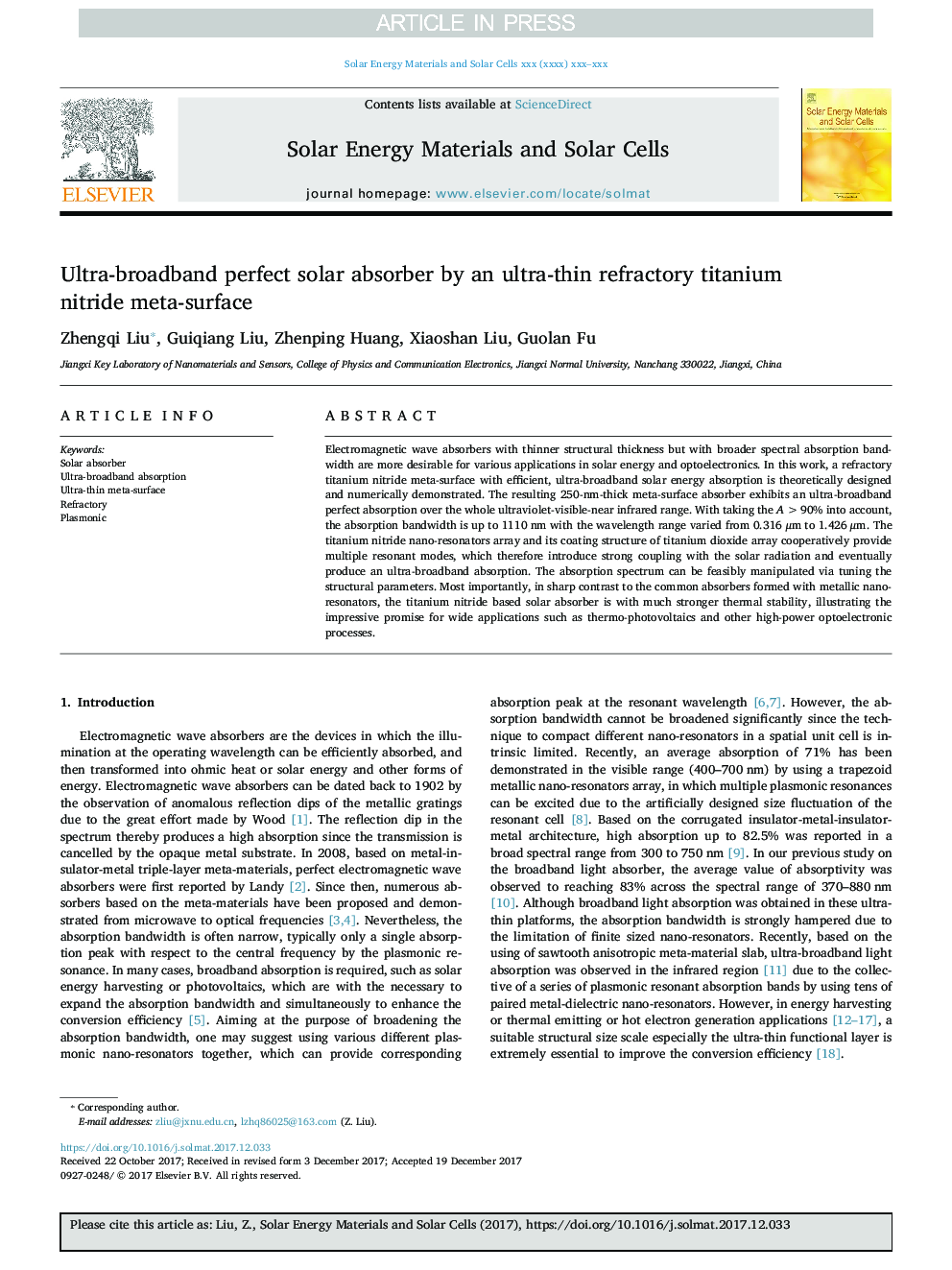 Ultra-broadband perfect solar absorber by an ultra-thin refractory titanium nitride meta-surface