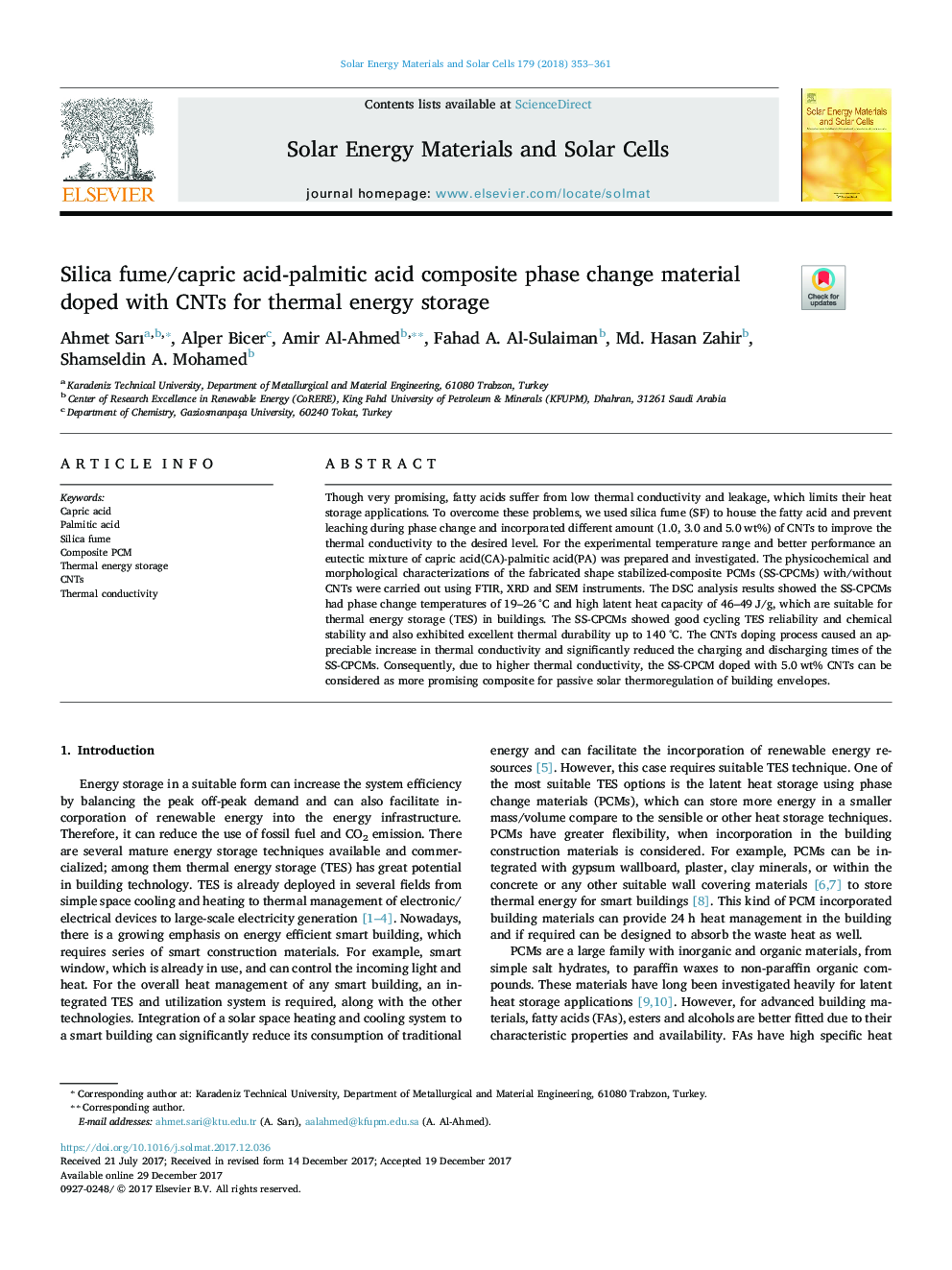 Silica fume/capric acid-palmitic acid composite phase change material doped with CNTs for thermal energy storage