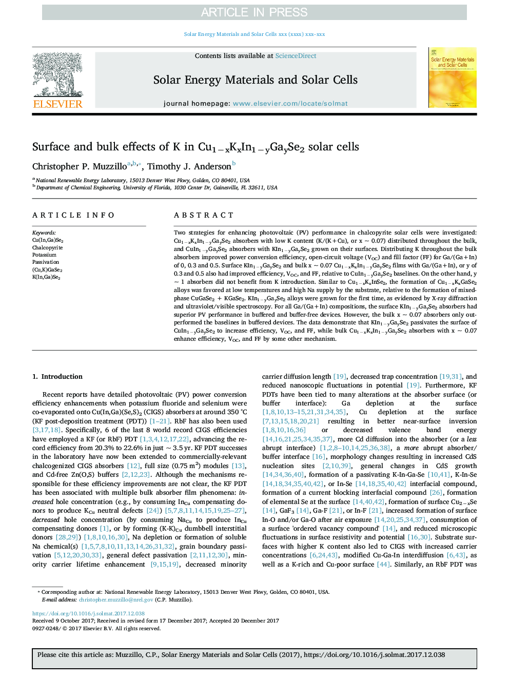 Surface and bulk effects of K in Cu1âxKxIn1âyGaySe2 solar cells