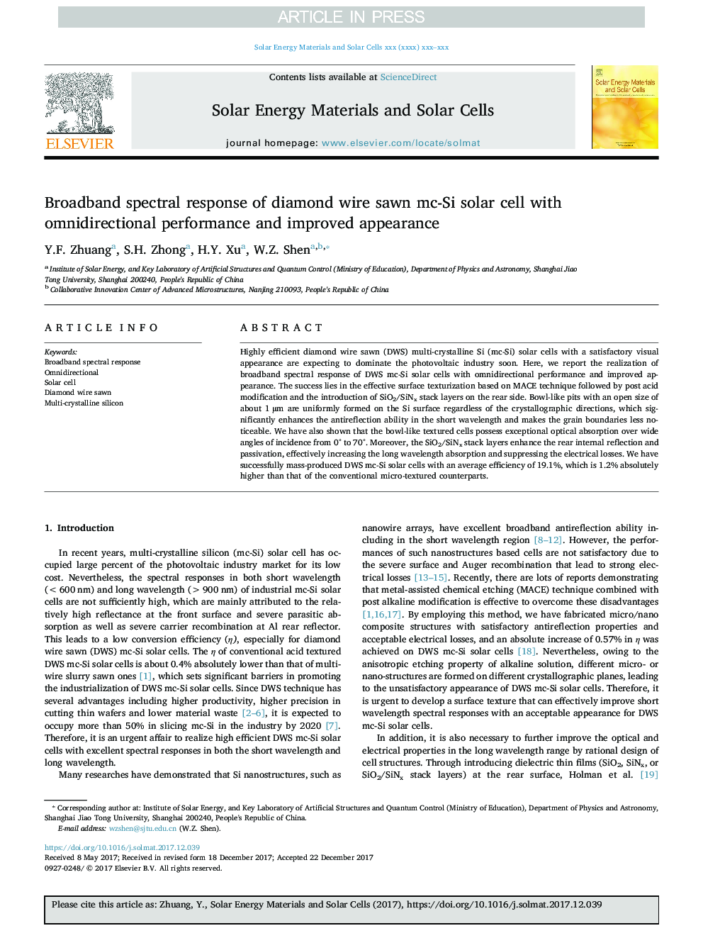 Broadband spectral response of diamond wire sawn mc-Si solar cell with omnidirectional performance and improved appearance