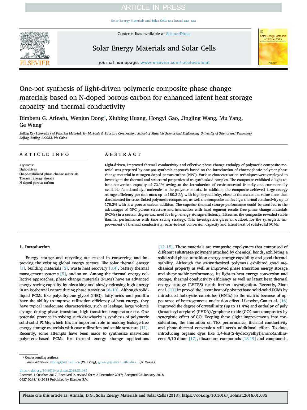 One-pot synthesis of light-driven polymeric composite phase change materials based on N-doped porous carbon for enhanced latent heat storage capacity and thermal conductivity