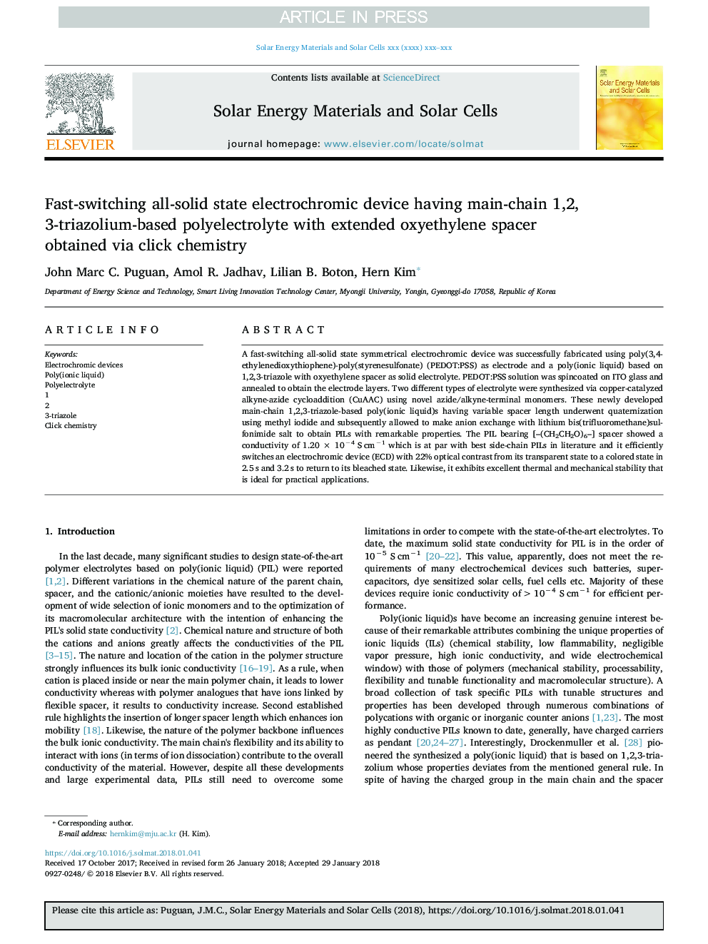 Fast-switching all-solid state electrochromic device having main-chain 1,2,3-triazolium-based polyelectrolyte with extended oxyethylene spacer obtained via click chemistry