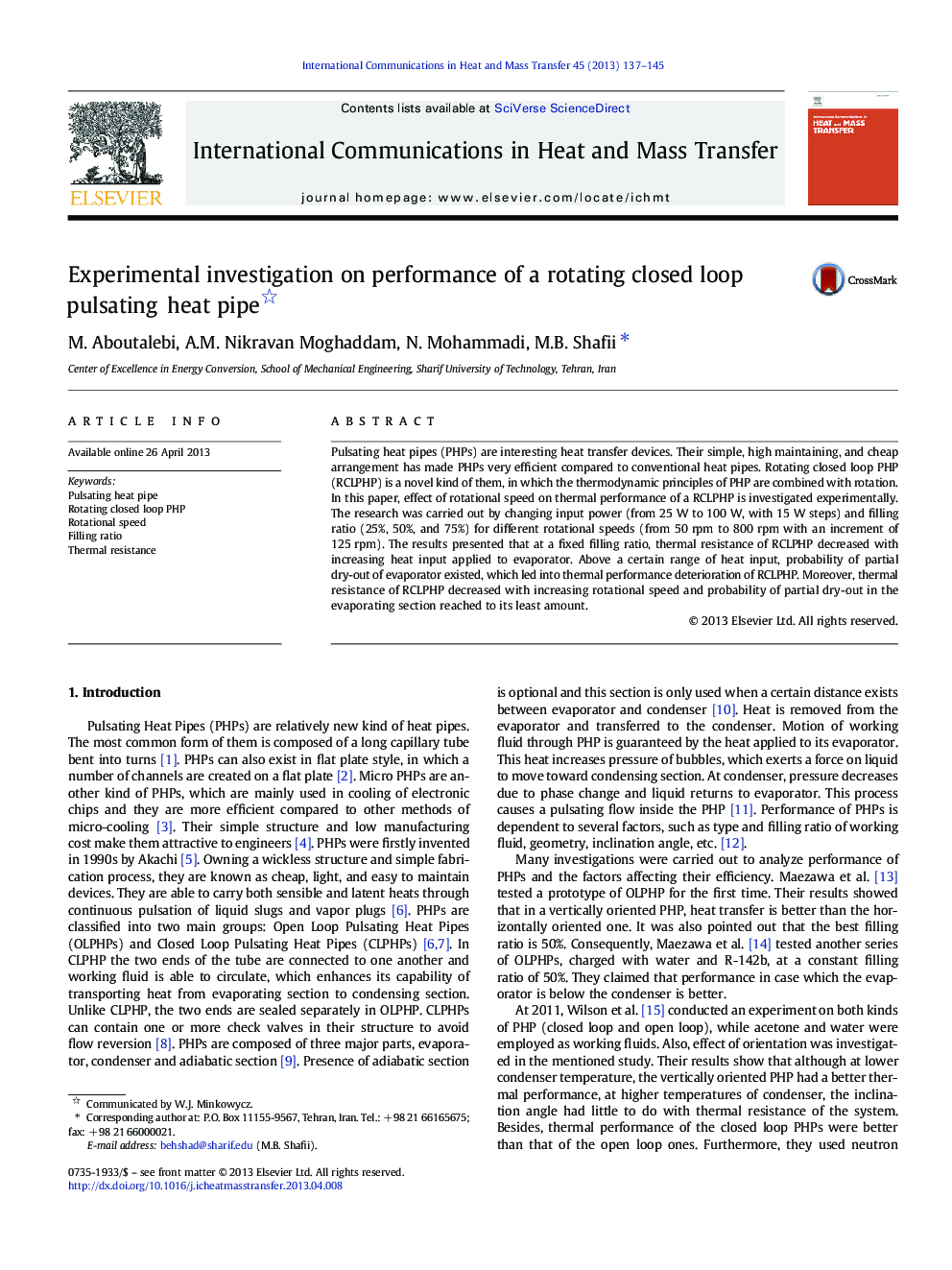 Experimental investigation on performance of a rotating closed loop pulsating heat pipe