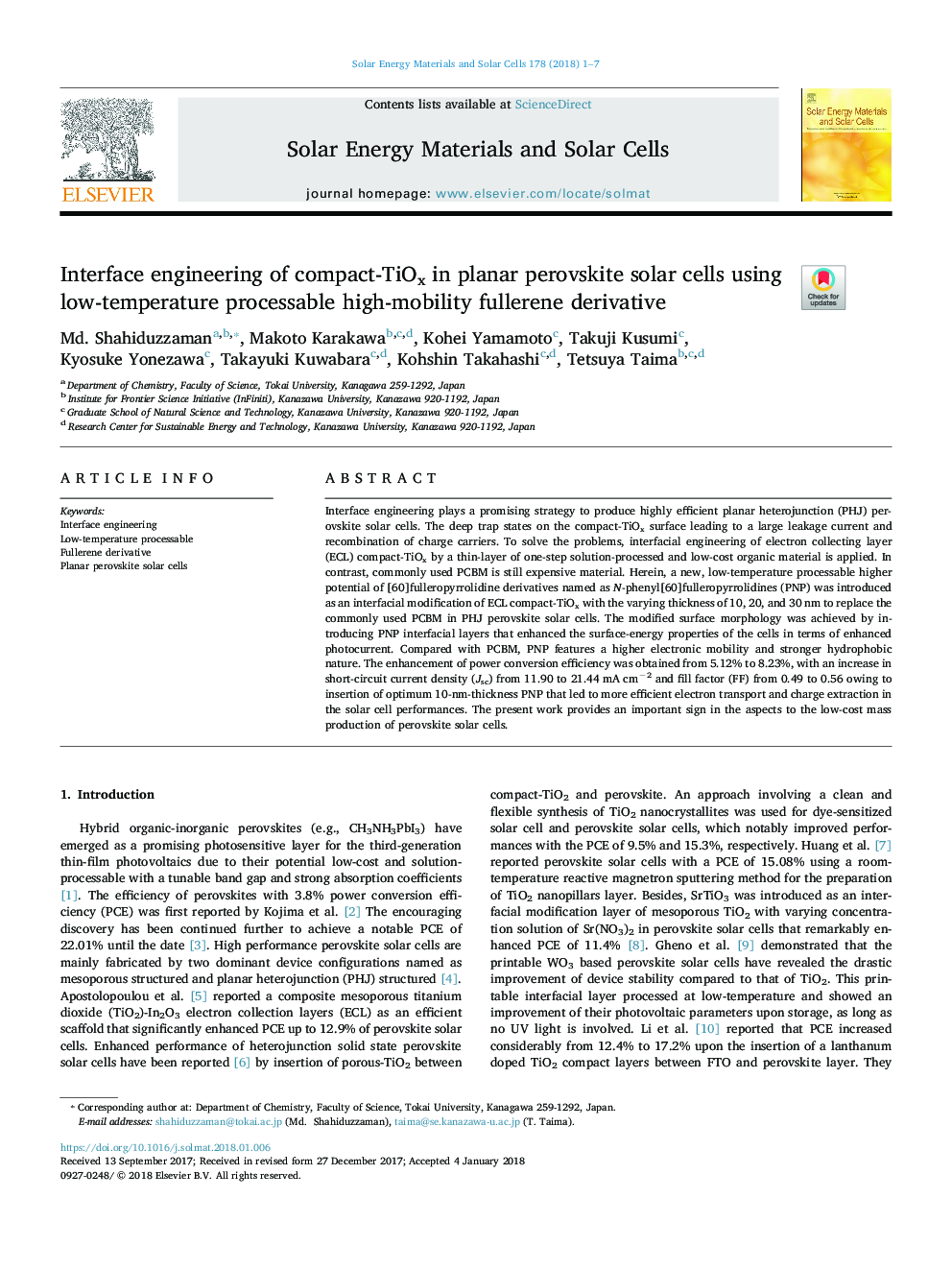 Interface engineering of compact-TiOx in planar perovskite solar cells using low-temperature processable high-mobility fullerene derivative