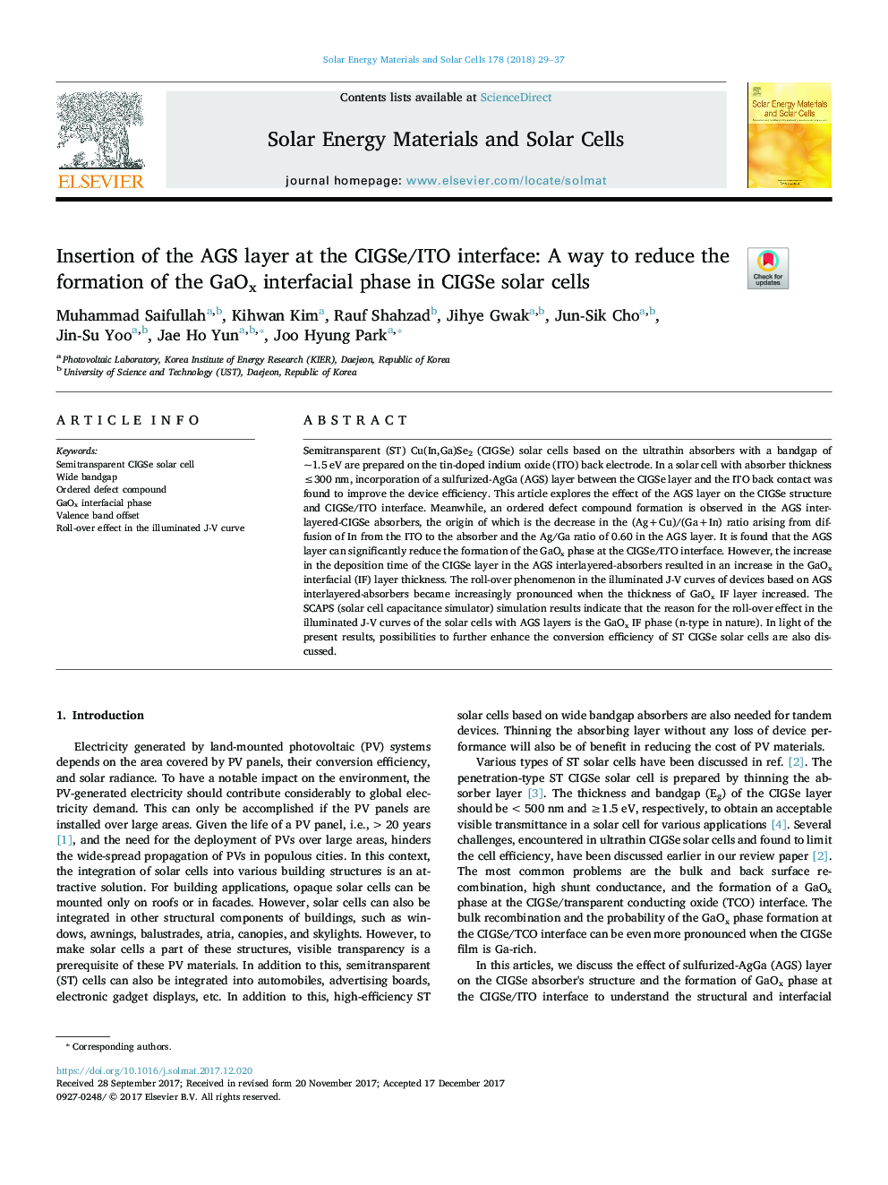 Insertion of the AGS layer at the CIGSe/ITO interface: A way to reduce the formation of the GaOx interfacial phase in CIGSe solar cells