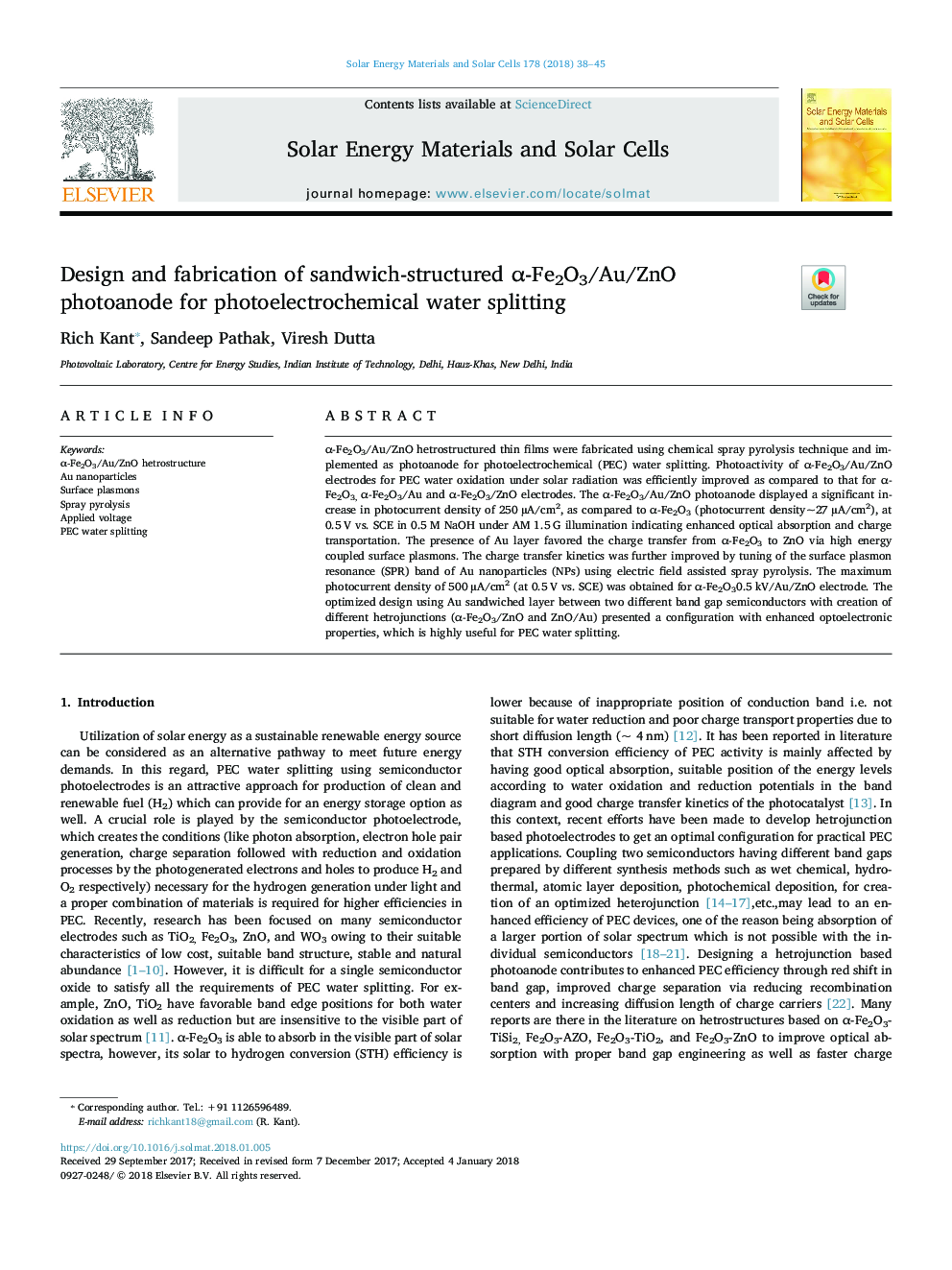 Design and fabrication of sandwich-structured Î±-Fe2O3/Au/ZnO photoanode for photoelectrochemical water splitting