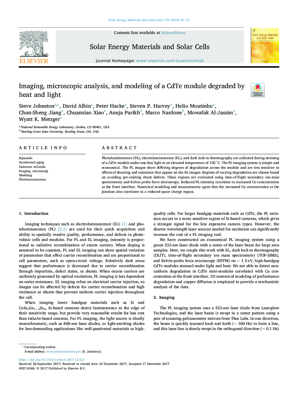 Imaging, microscopic analysis, and modeling of a CdTe module degraded by heat and light