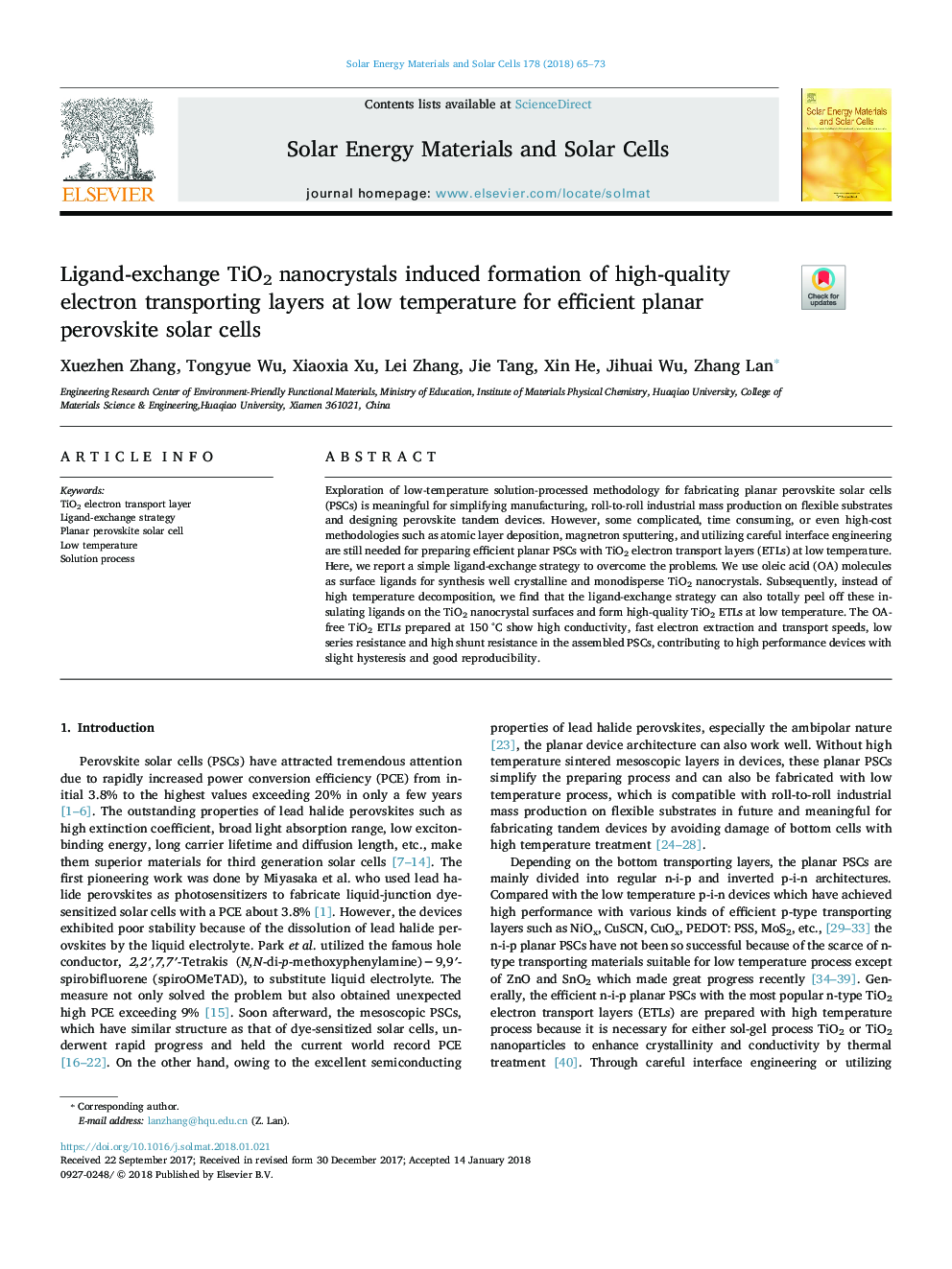 Ligand-exchange TiO2 nanocrystals induced formation of high-quality electron transporting layers at low temperature for efficient planar perovskite solar cells