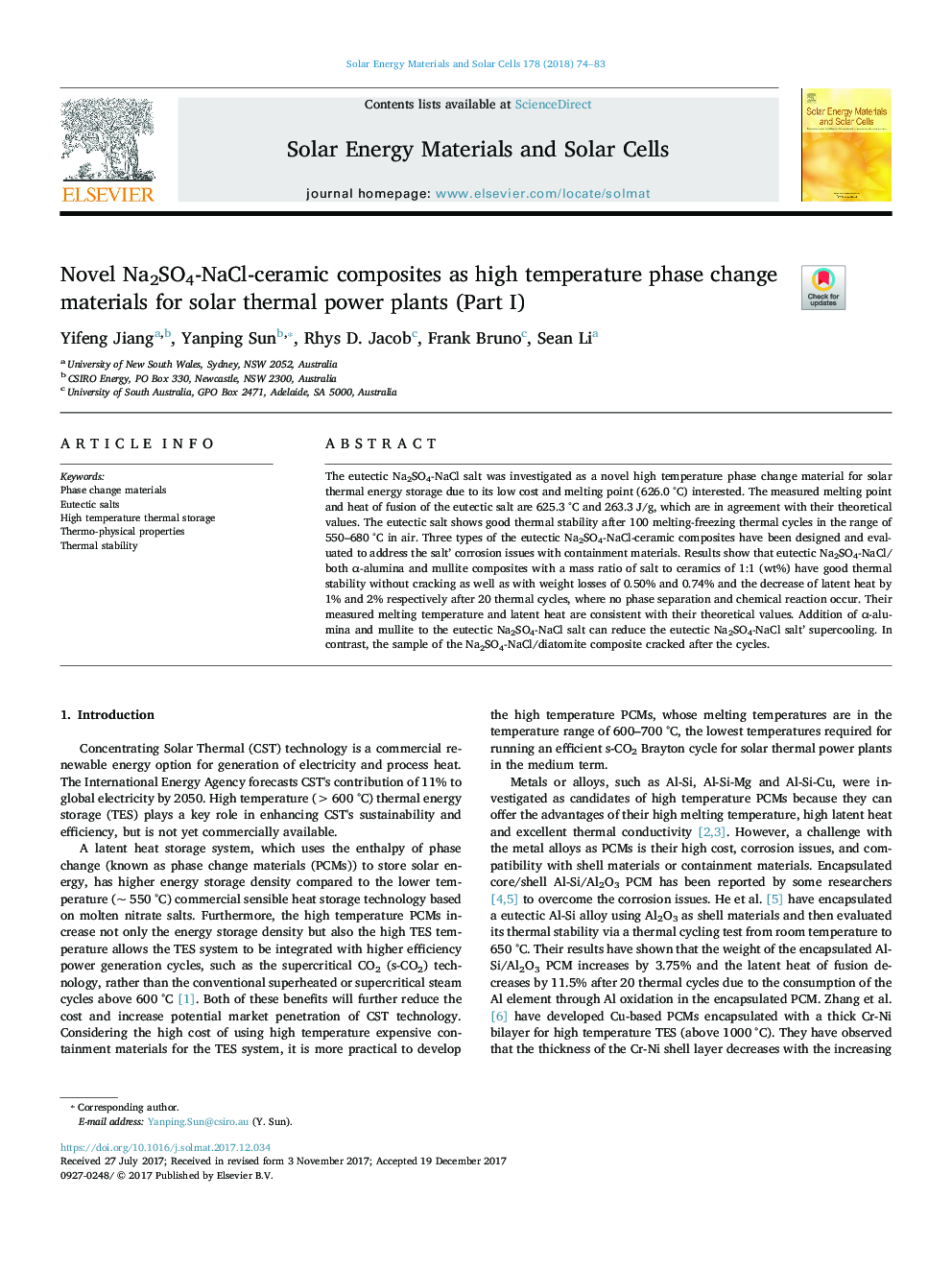 Novel Na2SO4-NaCl-ceramic composites as high temperature phase change materials for solar thermal power plants (Part I)