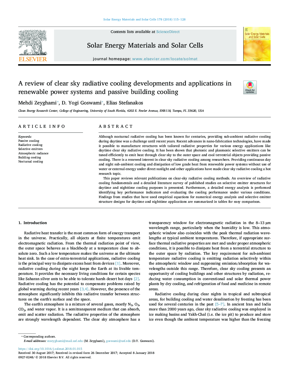 A review of clear sky radiative cooling developments and applications in renewable power systems and passive building cooling