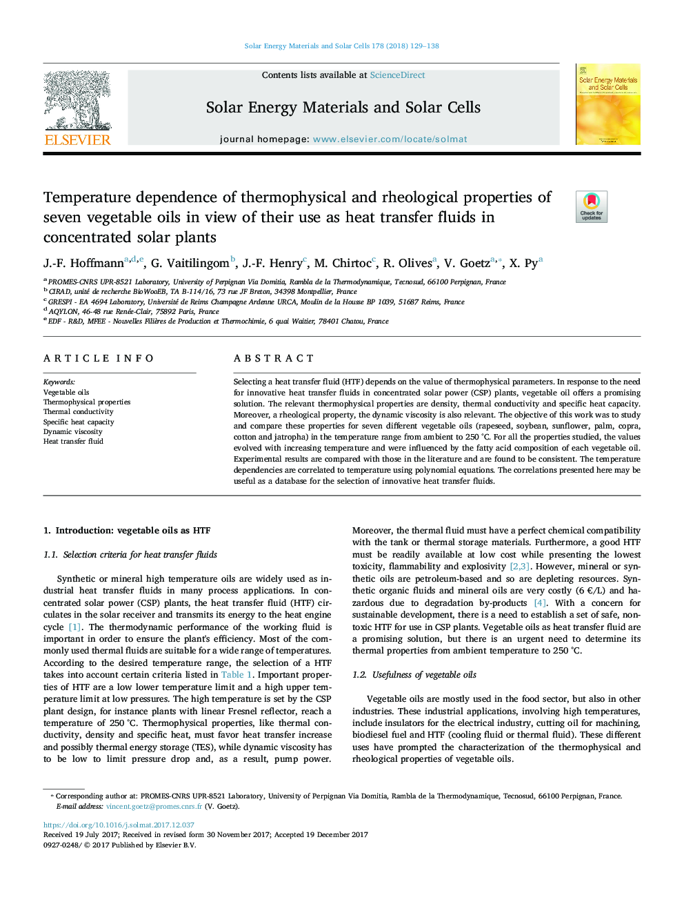 Temperature dependence of thermophysical and rheological properties of seven vegetable oils in view of their use as heat transfer fluids in concentrated solar plants