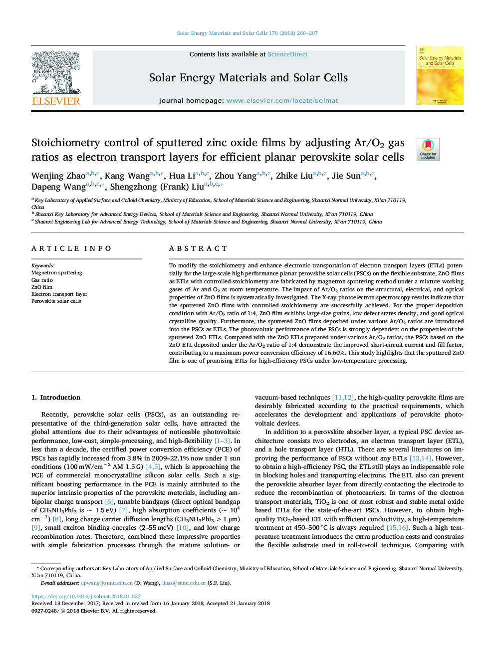 Stoichiometry control of sputtered zinc oxide films by adjusting Ar/O2 gas ratios as electron transport layers for efficient planar perovskite solar cells