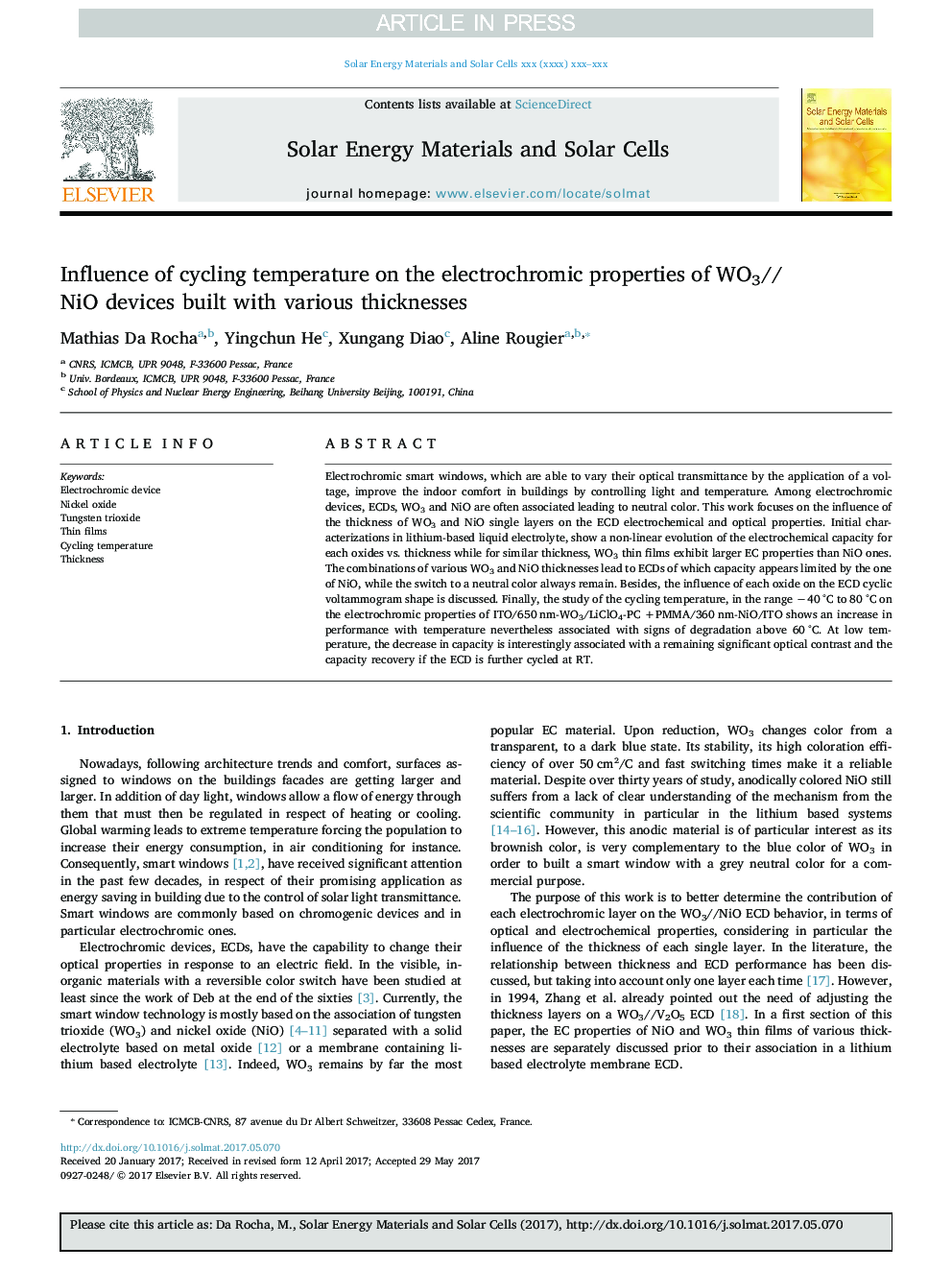 Influence of cycling temperature on the electrochromic properties of WO3//NiO devices built with various thicknesses