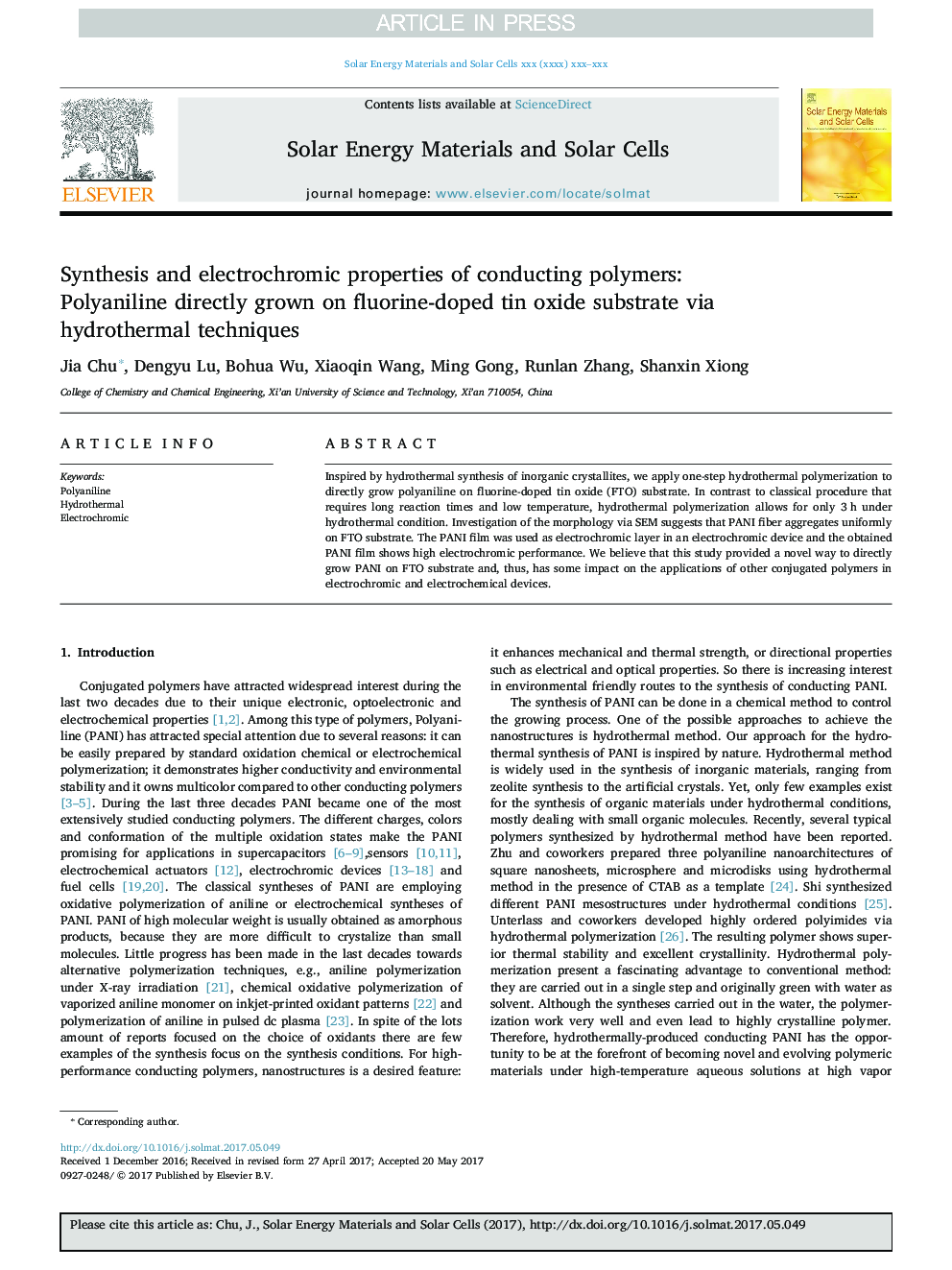 Synthesis and electrochromic properties of conducting polymers: Polyaniline directly grown on fluorine-doped tin oxide substrate via hydrothermal techniques