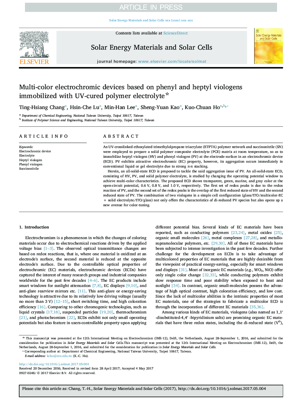 Multi-color electrochromic devices based on phenyl and heptyl viologens immobilized with UV-cured polymer electrolyte