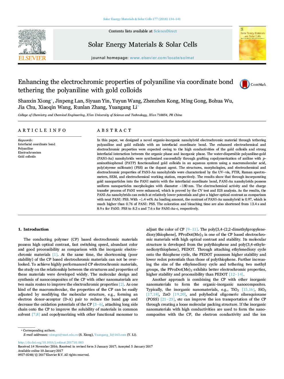 Enhancing the electrochromic properties of polyaniline via coordinate bond tethering the polyaniline with gold colloids