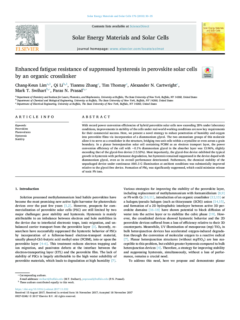 Enhanced fatigue resistance of suppressed hysteresis in perovskite solar cells by an organic crosslinker