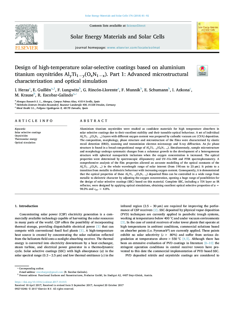 Design of high-temperature solar-selective coatings based on aluminium titanium oxynitrides AlyTi1ây(OxN1âx). Part 1: Advanced microstructural characterization and optical simulation