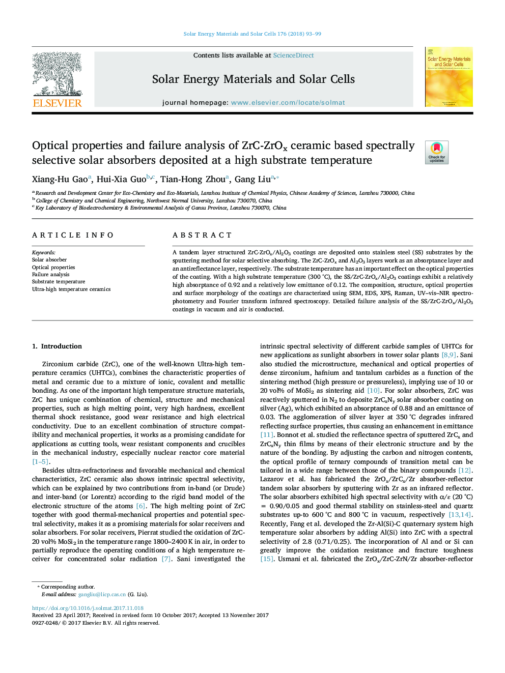 Optical properties and failure analysis of ZrC-ZrOx ceramic based spectrally selective solar absorbers deposited at a high substrate temperature