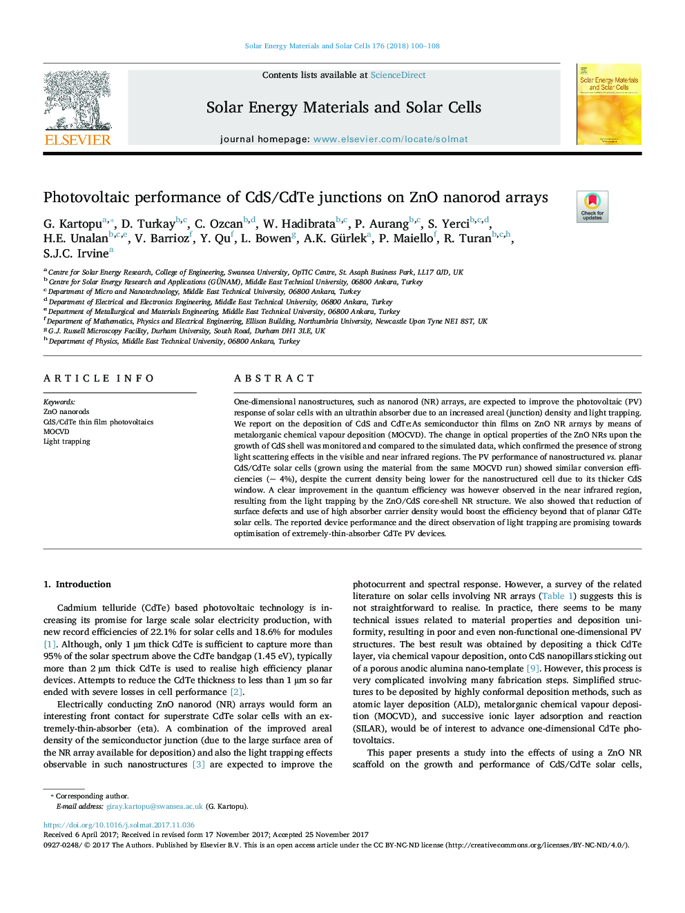 Photovoltaic performance of CdS/CdTe junctions on ZnO nanorod arrays