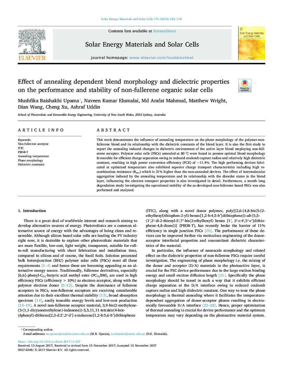 Effect of annealing dependent blend morphology and dielectric properties on the performance and stability of non-fullerene organic solar cells