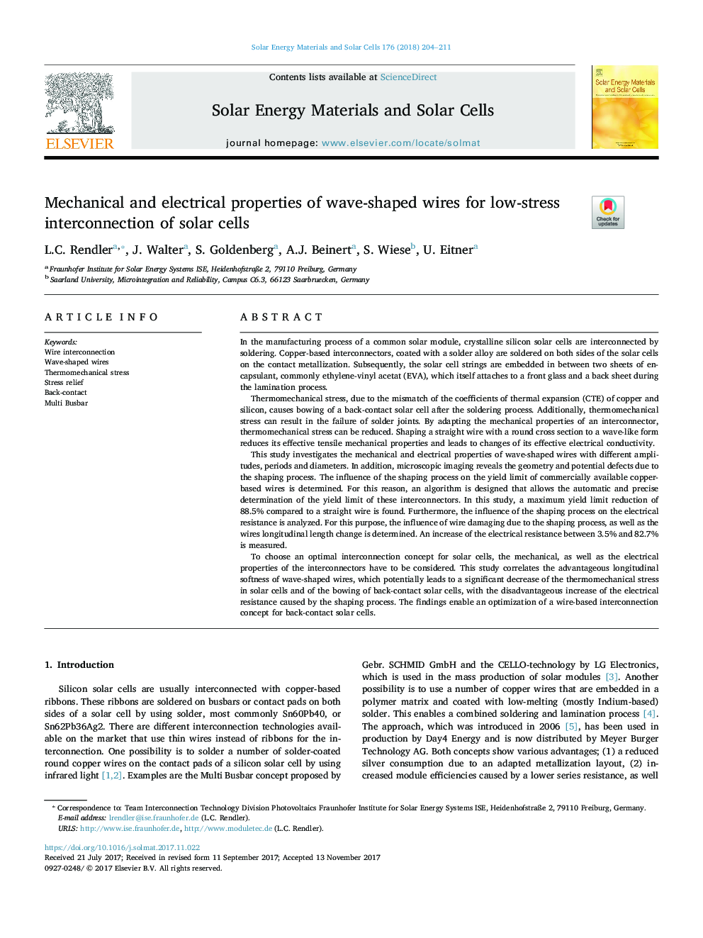 Mechanical and electrical properties of wave-shaped wires for low-stress interconnection of solar cells