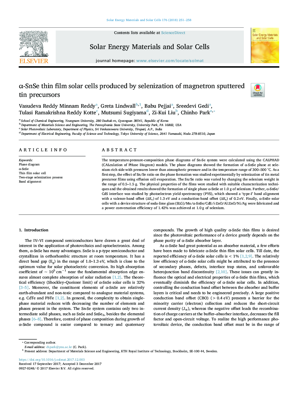 Î±-SnSe thin film solar cells produced by selenization of magnetron sputtered tin precursors