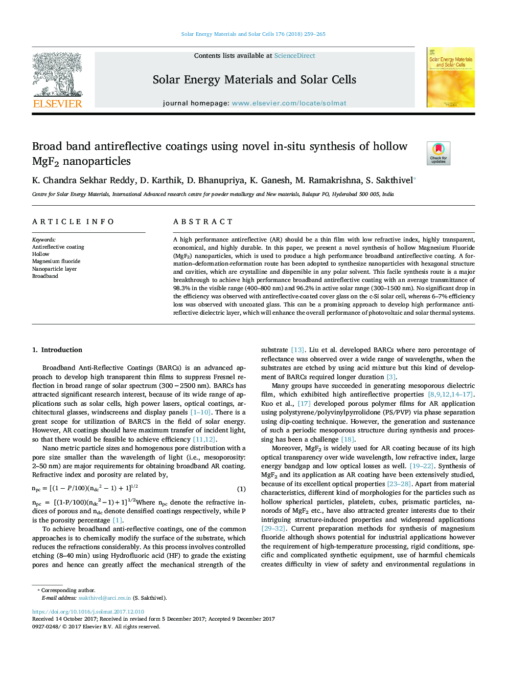 Broad band antireflective coatings using novel in-situ synthesis of hollow MgF2 nanoparticles