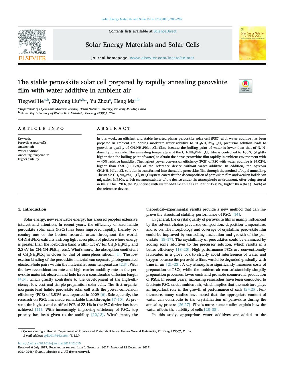 The stable perovskite solar cell prepared by rapidly annealing perovskite film with water additive in ambient air